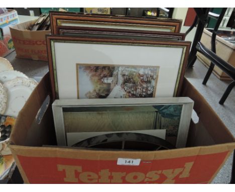 A selection of frames and prints also vintage Metamec clock