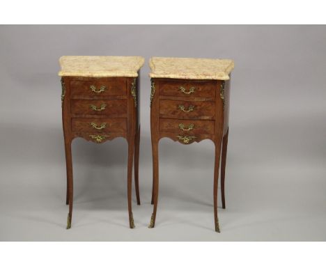 A GOOD PAIR OF 20TH CENTURY KINGWOOD AND MARQUERTY INLAID SERPENTINE OUTLINED, TWO DRAWER, PETIT COMMODE with marble tops and