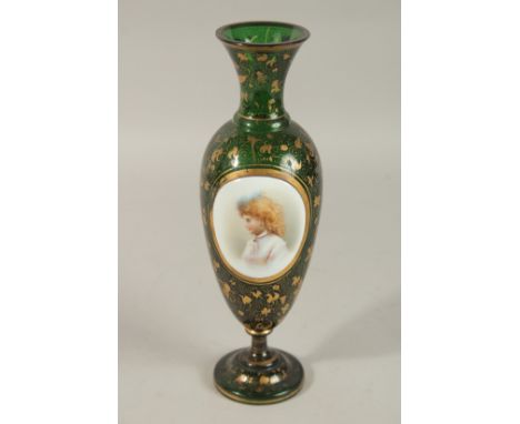 A GOOD BOHEMIAN RUBY GLASS VASE with gilt decoration and an oval portrait of a young girl. 30cms high,