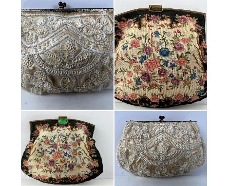 Two Art Deco evening bags one in petit point floral pattern with pale gold satin lining and curved gold tone frame. Fastens w