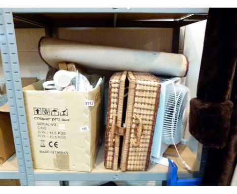 Cooler box, picnic hamper, fan and assorted crockery