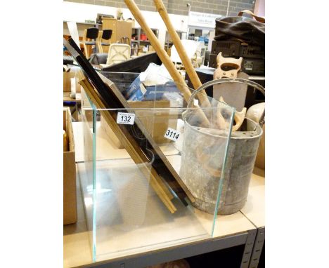 Large glass fish tank 60 x 41 x 36 cm, mop bucket with tools and framed prints