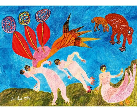 URSULA1921 Mittenwalde - 1999 KölnTitel: "Engel-Reigen mit den Höllen-Hunden". Datierung: 1997. Technik: Öl auf Leinwand. Maß