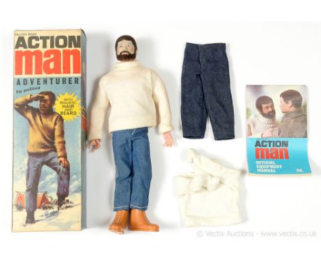 Palitoy Action Man Vintage 34012 Adventurer - flock head figure with beard, firm hands - white jumper, denim trousers, short 
