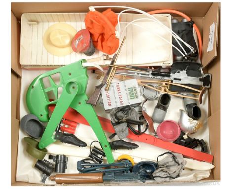 Palitoy Action Man Vintage an unboxed group of Loose Accessories to include; Sharp-Shooter; Helmets &amp; Hats; Crutch; Pulle