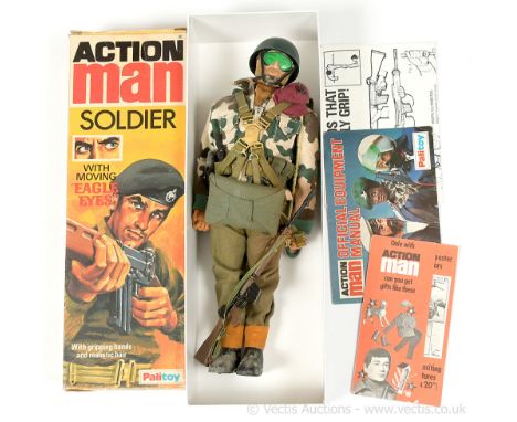 Palitoy Action Man Vintage Soldier - flock head figure with beard and Eagle Eyes, gripping hands - Paratrooper uniform with h