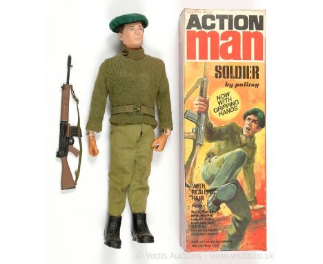 Palitoy Action Man Vintage Soldier - flock head figure with gripping hands - figure with beret, jersey, muffler, trousers, wa