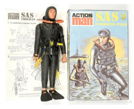 Palitoy Action Man Vintage SAS Underwater Attack - flock haired figure with Eagle Eyes, gripping hands and dynamic body - bla