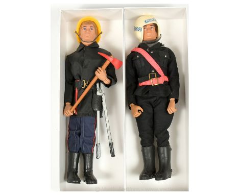 Palitoy Action Man Vintage pair of figures - both are flock head, Eagle Eyes, gripping hands and dynamic body (1) Fireman wit