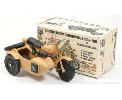 Cherilea 2605 Battle Force German Army Motorcycle and Sidecar - tan and black desert colour, includes machine gun and flag - 