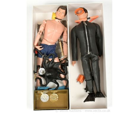 Palitoy Action Man Vintage pair of Diver figures - both are flock head, firm hands (1) Navy Frogman; (2) Underwater Explorer 