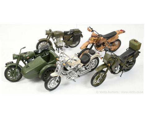 A group of 1/6th scale Motorcycles including Dragon, Honda Off-road Motorcycle - US Army desert camouflage, another Off-road 