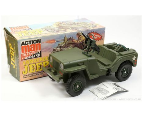 Palitoy Action Man Transport Command Vintage Armoured Jeep - military green, labels have been applied, comes with machine gun