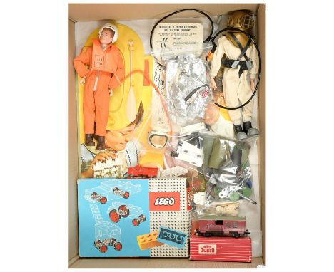 Action Man and Lego a mixed group to include painted head figure in orange jumpsuit and vest with yellow inflatable life raft
