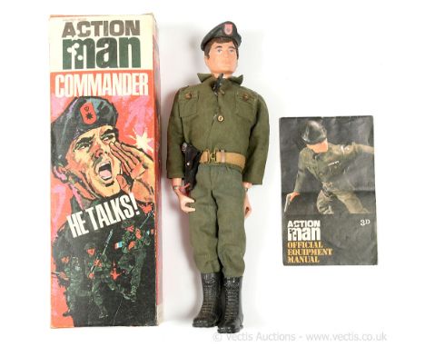 Palitoy Action Man Vintage 34009 Talking Commander - flock head figure with firm hands - military green tunic and trousers, b