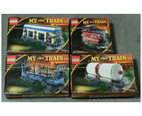 Lego My Own Train box group (1) 10014 Caboose; (2) 10017 Hopper Wagon; (3) 10016 Octan Tanker; (4) 10013 Log Car - within Fai