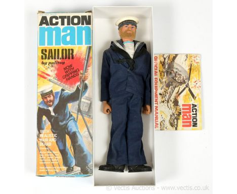 Palitoy Action Man Vintage Sailor - flock head figure with Eagle Eyes, gripping hands, Naval uniform with "HMS Dreadnought" c