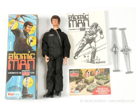 Palitoy Action Man Vintage Atomic Man - flock head with automatic signalling eye, gripping hands, black jumpsuit with atomic 