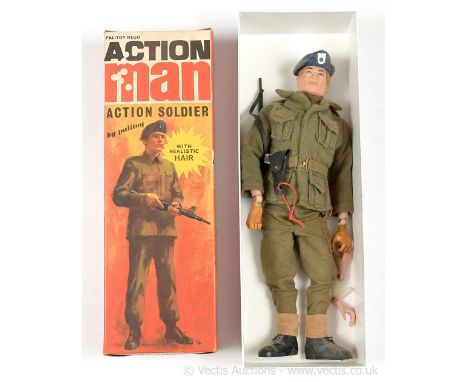 Palitoy Action Man Vintage Action Soldier - flock head figure (is fitted with gripping hands but also with firm hands as corr