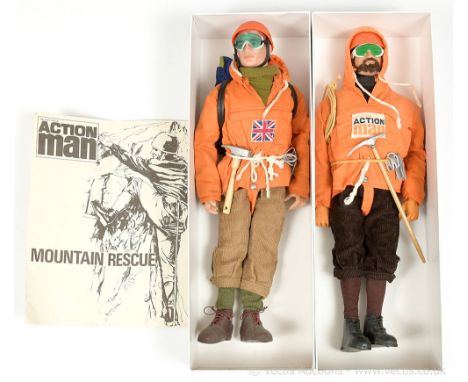 Palitoy Action Man Vintage a pair of Mountain Rescue figures (1) painted head figure with firm hands, with orange anorak with