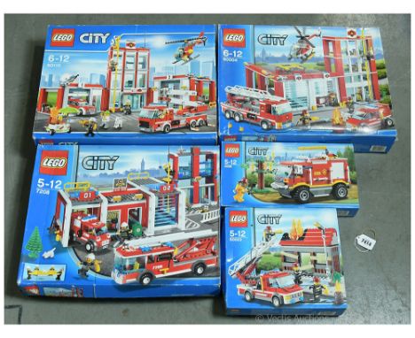 Lego City boxed group all Fire related (1) 60110; (2) 60004; (3) 7208 Fire Station; (4) 60003 Emergency House Fire; (5) 4208 