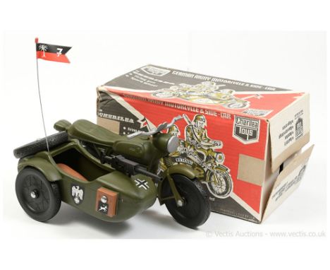 Cherilea Toys German Army Motorcycle and Sidecar - military green with machine gun and flag - Good to Excellent in a Fair to 