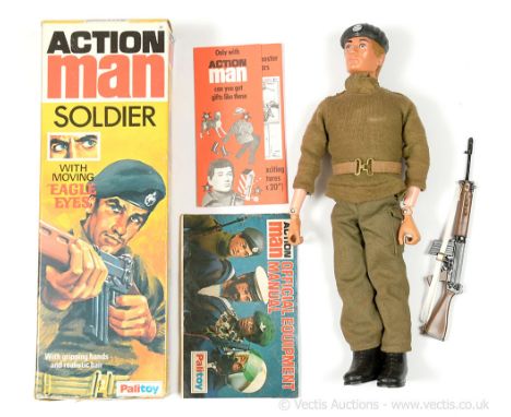 Palitoy Action Man Vintage Soldier - flock head figure with moving eyes, gripping hands with uniform, black beret, SLR rifle,