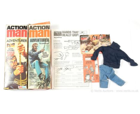 Palitoy Action Man Vintage pair of Original Card Boxes (1) Adventurer "Now with Gripping Hands" and "With Realistic Hair and 