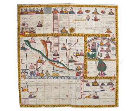 19th Century Indian western state of Maharashtra game of Gyanbazi (Snakes and Ladders) circa 1800, the hand painted board wit