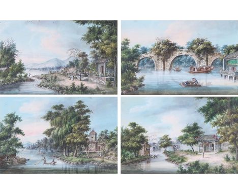 Mid to late 19th Century Chinese school, Qing Dynasty, set of four river scenes, the first depicting a temple by the side of 