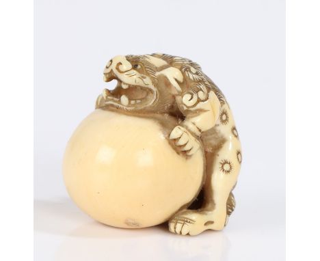 Japanese Edo period ivory Netsuke, carved as Shishi clutching a ball, unsigned, 32mm high