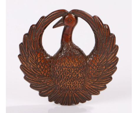 Japanese wood netsuke, Meiji period, the netsuke of carved wood in the form of a Crane circle caved to body and wings in feat