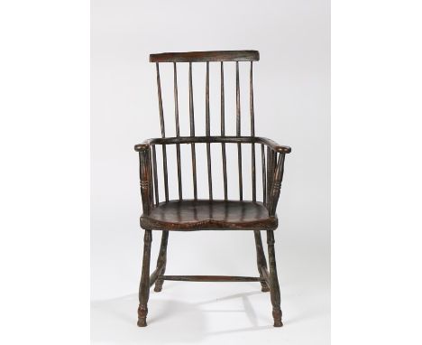 Welsh late 18th/early 19th Century stick back elm and painted armchair, with traces of the old deep green paint remaining, We