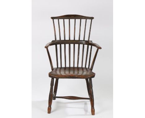 English 19th Century stick back Windsor ash and elm painted armchair, the arched top rail above a eight spindle back and a sh