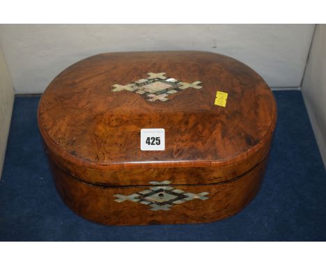 A Victorian walnut sewing box, mother-of-pearl inlay to centre, opening to reveal a blue silk interior (distressed).
