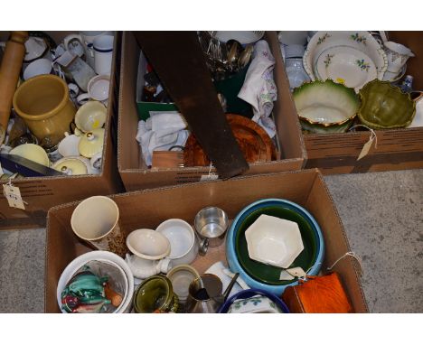 Four boxes of miscellaneous ceramics and plated ware, to include: silver plate and mother-of-pearl dessert knives and forks; 