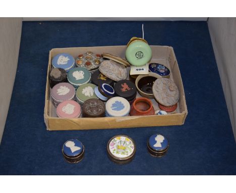 A small collection of Wedgwood Jasper ware pots and covers, in blue, green, pink, purple and white; a pair of silver limited 