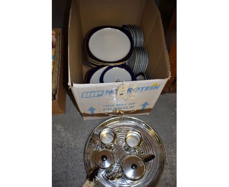 A Towerbrite stainless steel five-piece tea set, to include: tea, coffee, cream and sugar, on a round tray; a Continental par