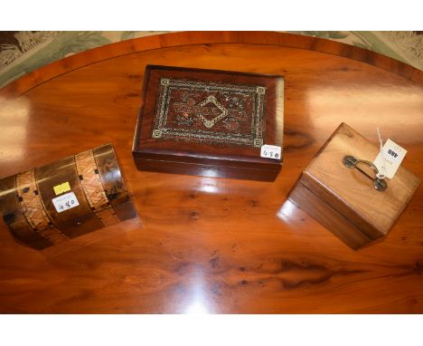 A 19th Century dome top tea caddy with marquetry decoration; together with another tea caddy converted into a money box; and 