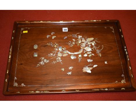 A Chinese hardwood tray, with mother-of-pearl inlay, tree and insect design.