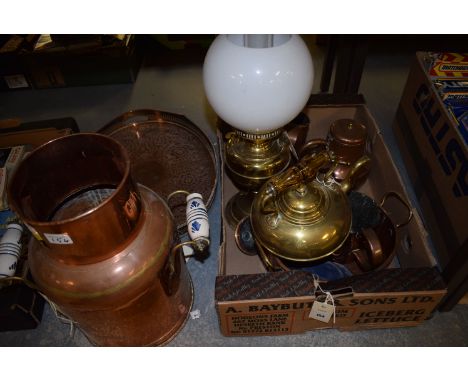 A reproduction brass oil lamp with white glass shade; together with a brass kettle with amber coloured handle; a copper milk 