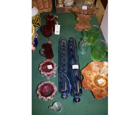 Victorian and later hand-blown and pressed glassware, to include: a pair of rolling pins; two cranberry glass jugs; a wine gl