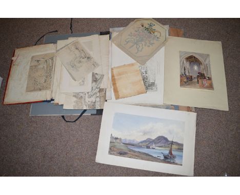 A collection of 19th Century and later watercolours, drawings and prints, to include: architectural studies; landscapes; flow