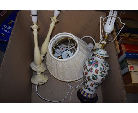 A pair of painted table lamps; together with an Oriental ginger jar style table lamp, all with shades.
