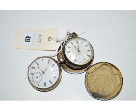Two silver cased open faced pocket watches, with white enamel roman dials, one with movement no. 18112; the other by Robert C