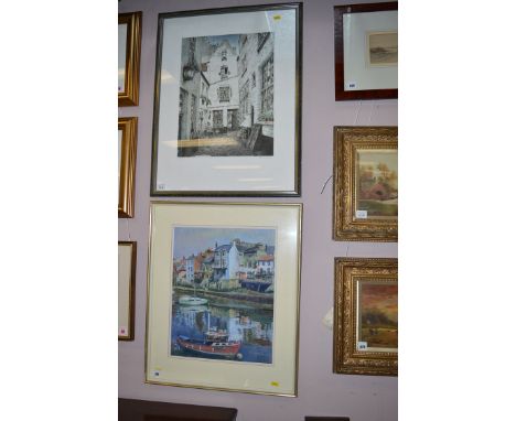 A pastel painting by R. Kirkwood - harbour scene, signed and dated 1994; together with a colour etching by F.***linck - Antwe