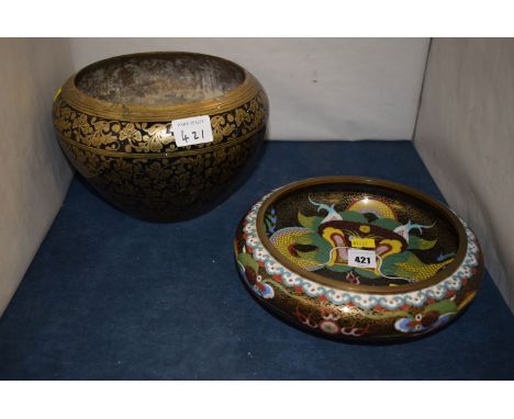 A Chinese cloisonne circular dish, dragon and pearl design, signed to base; together with a brass and black enamel Indian bow