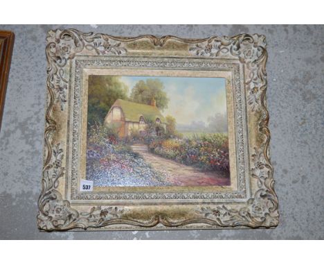 An oil painting, by Paul Morgan - country cottage scene, signed.