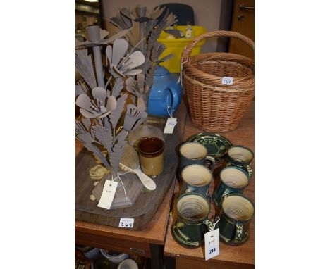 A pair of modern painted metal candlesticks with flowers and leaf decoration on octagonal base; a Victorian ivory hairbrush w