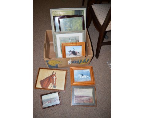 Horse interest pictures to include: an oil painting of a steeple chase, signed Armstrong; a watercolour of Dartmoor ponies an